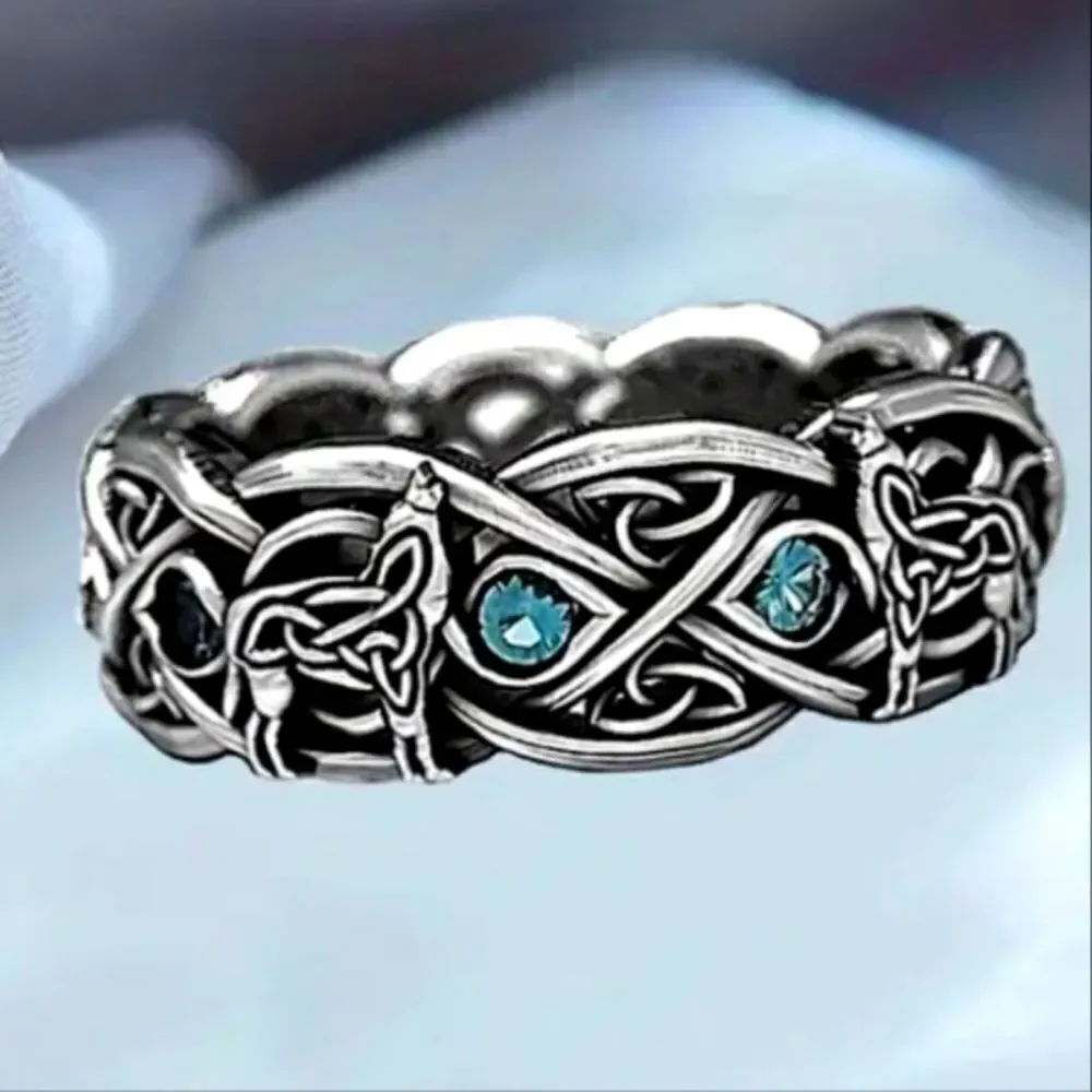 Unisex Silver Celtic Knot wolf Ring with Blue Accents sz 6